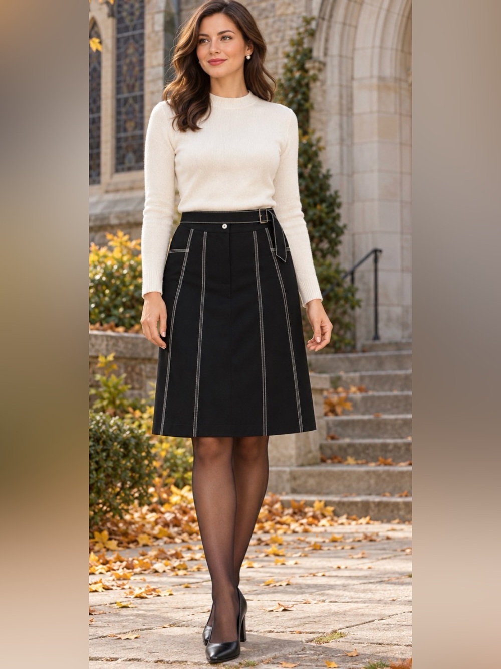 ❤️ 🖤 Jennifer Eden Black Belted A-Line Skirt Size 12 Contrast Stitching